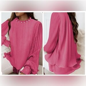 Luna Boutique Pink Pearl Double Layer Ruffle Hem Crinkled Chiffon Blouse Sz 2X